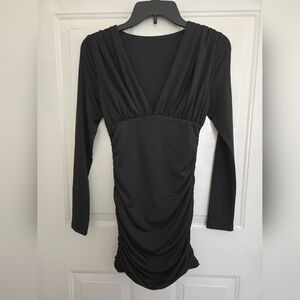 Womens V Neck Black Long Sleeve Mini Dress